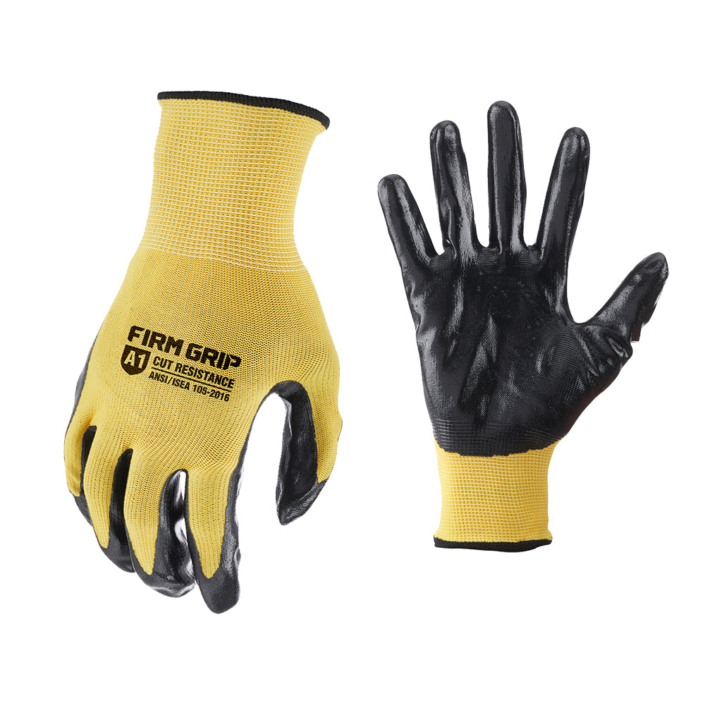 yellow glove with a black palm on a white background