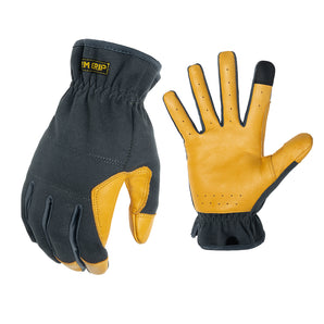 dark grey gloves with a yellow leather palm