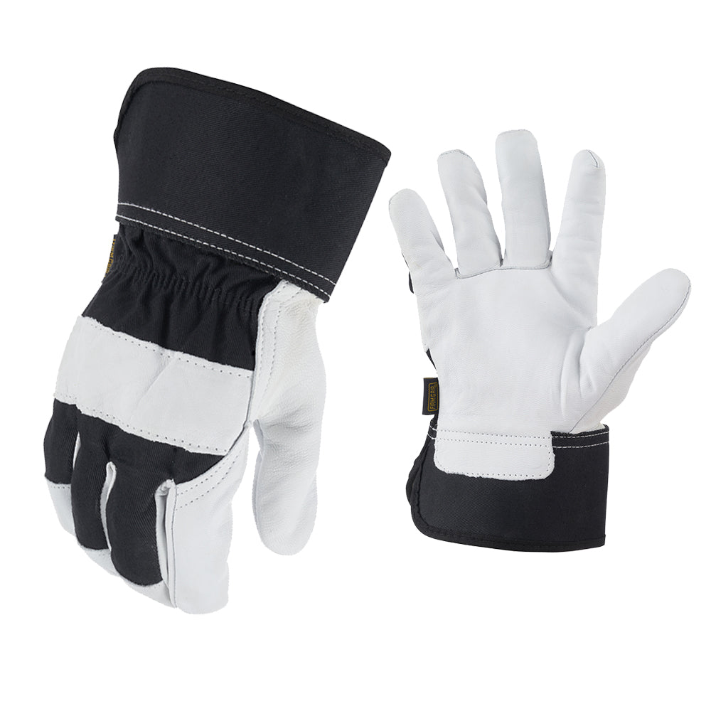 white and black gloves with a leather palm