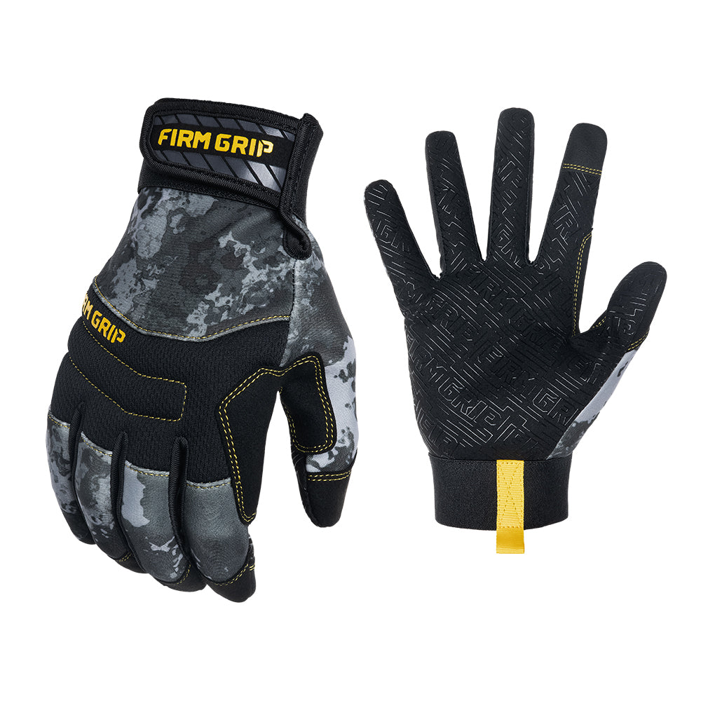 black and gray camouflaged gloves