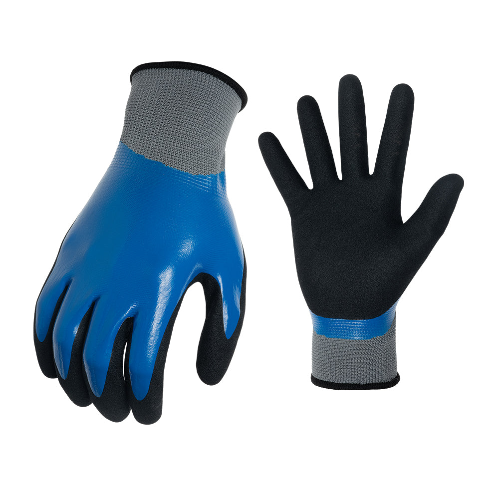 blue gloves with gray over the wrist