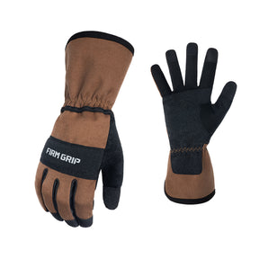 brown outdoor gloves with a black stripe